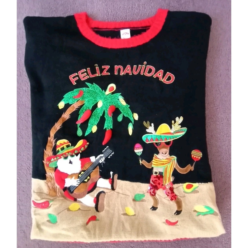 Holiday Time Feliz Navidad Christmas Sweater Womens‎ 2X Pepper Santa Sombrero